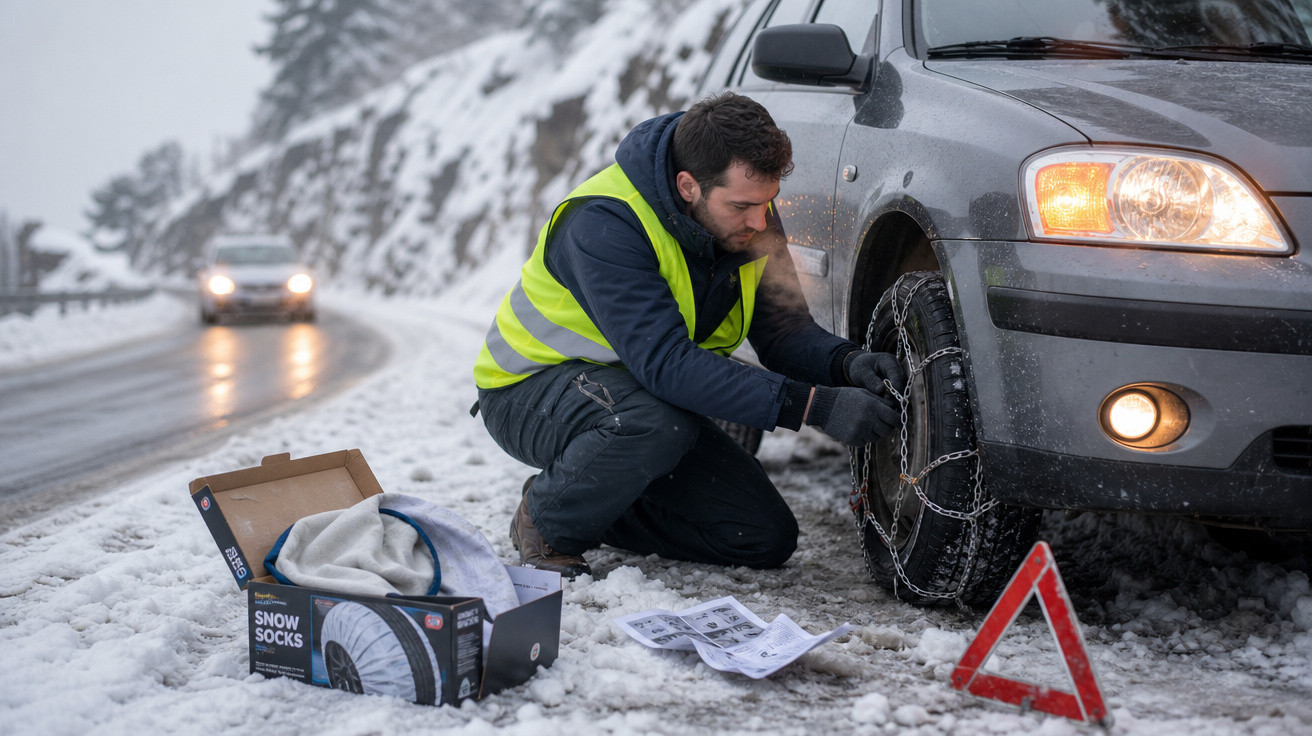 Homem a colocar correntes nos pneus de um carro parado na estrada coberta de neve durante o inverno.