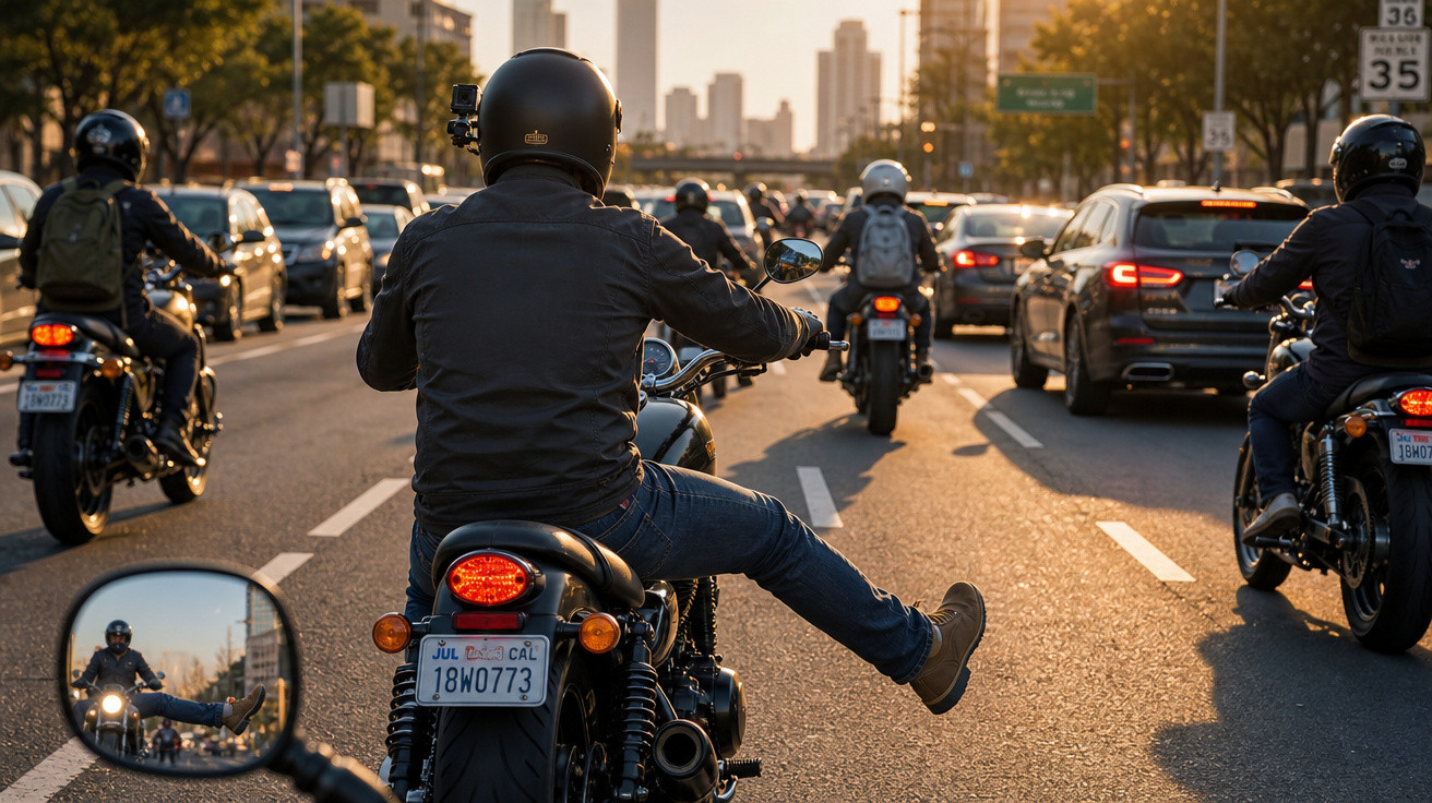 Quatro motociclistas numa estrada movimentada ao pôr do sol, com carros à volta e arranha-céus ao fundo.