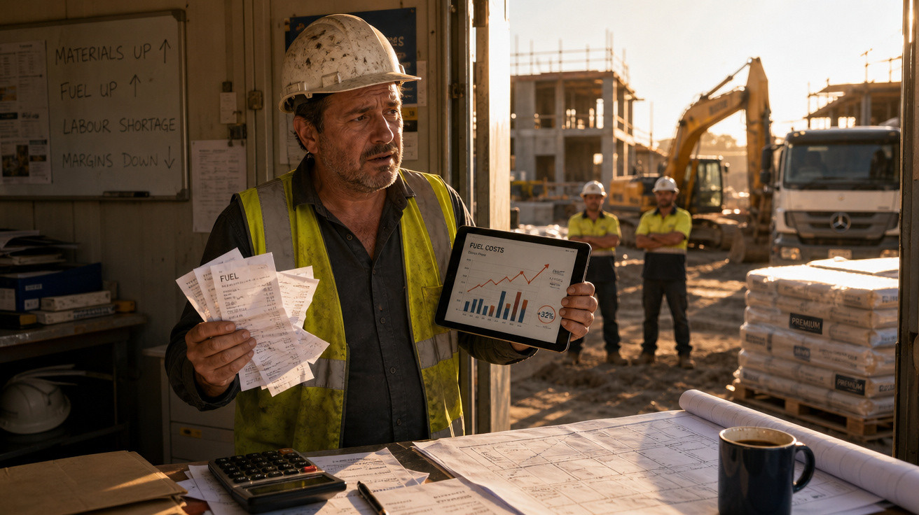 Homem com capacete e colete refletor mostra recibos e gráfico num tablet numa obra em construção.
