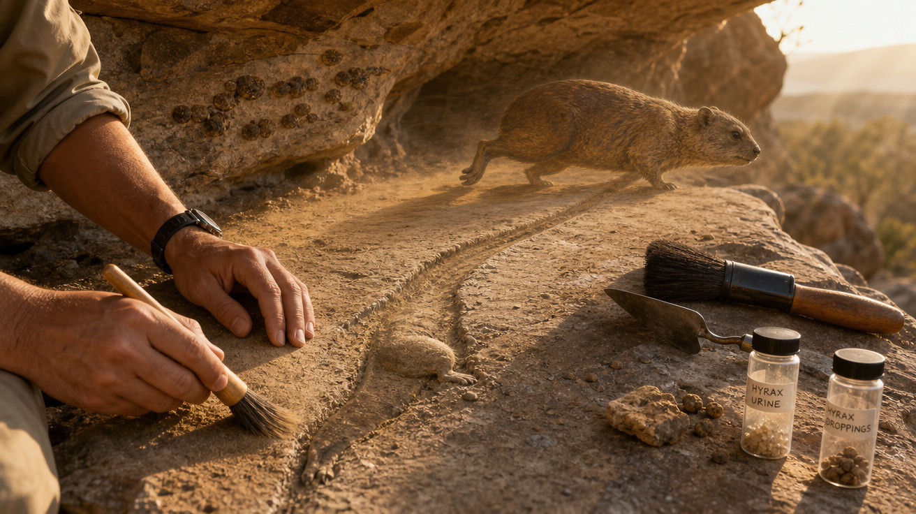 Investigador a escavar pegada fossilizada de um animal semelhante a uma pequena marmota numa superfície rochosa.