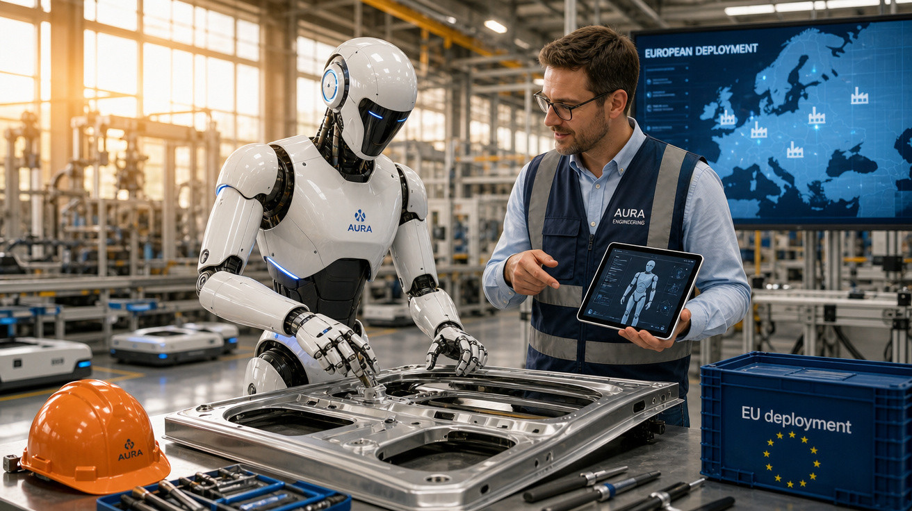 Engenheiro a mostrar tablet com imagem de robô a um androide numa fábrica moderna de montagem automóvel.