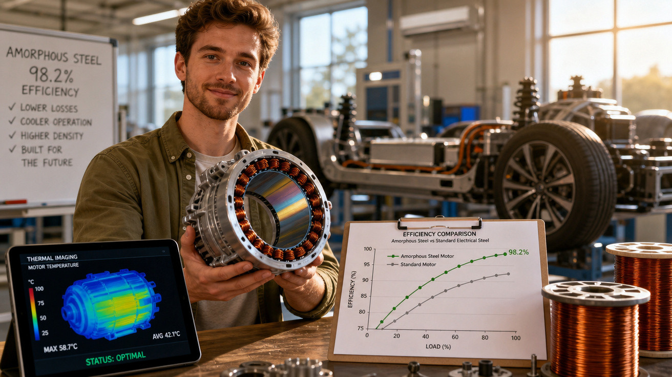Homem apresenta componente de motor eficiente com gráficos e imagens térmicas numa oficina tecnológica.
