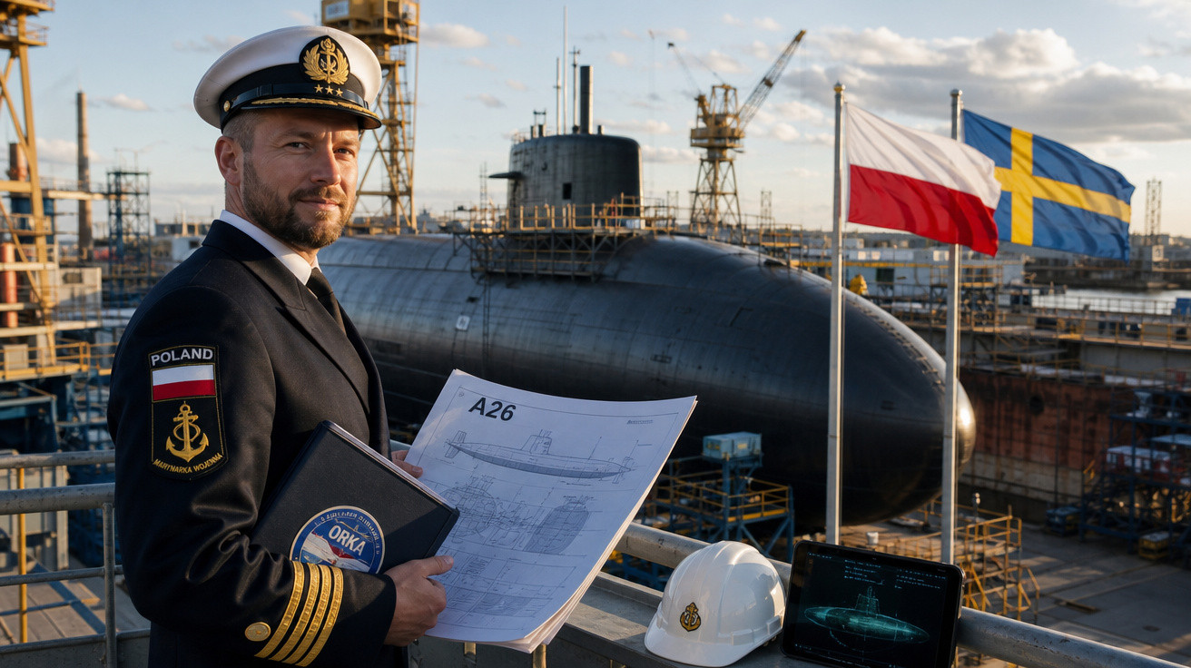 Oficial naval polaco com planta de submarino A26 junto a submarino em doca, com bandeiras da Polónia e Suécia ao fundo.