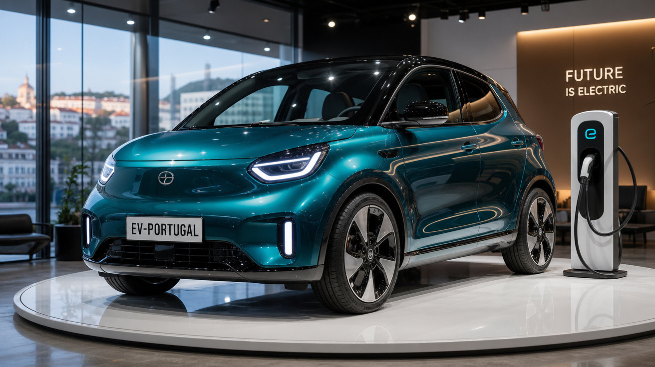 Carro elétrico azul num salão moderno, junto a posto de carregamento com texto "Future is Electric".