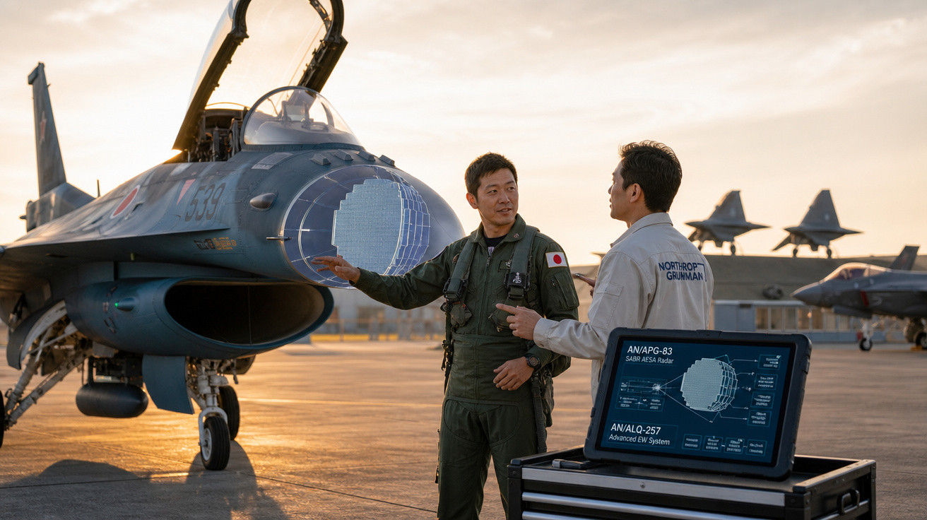 Dois técnicos japoneses junto a um caça F-2 com ecrã digital a mostrar radar AN/APG-83.