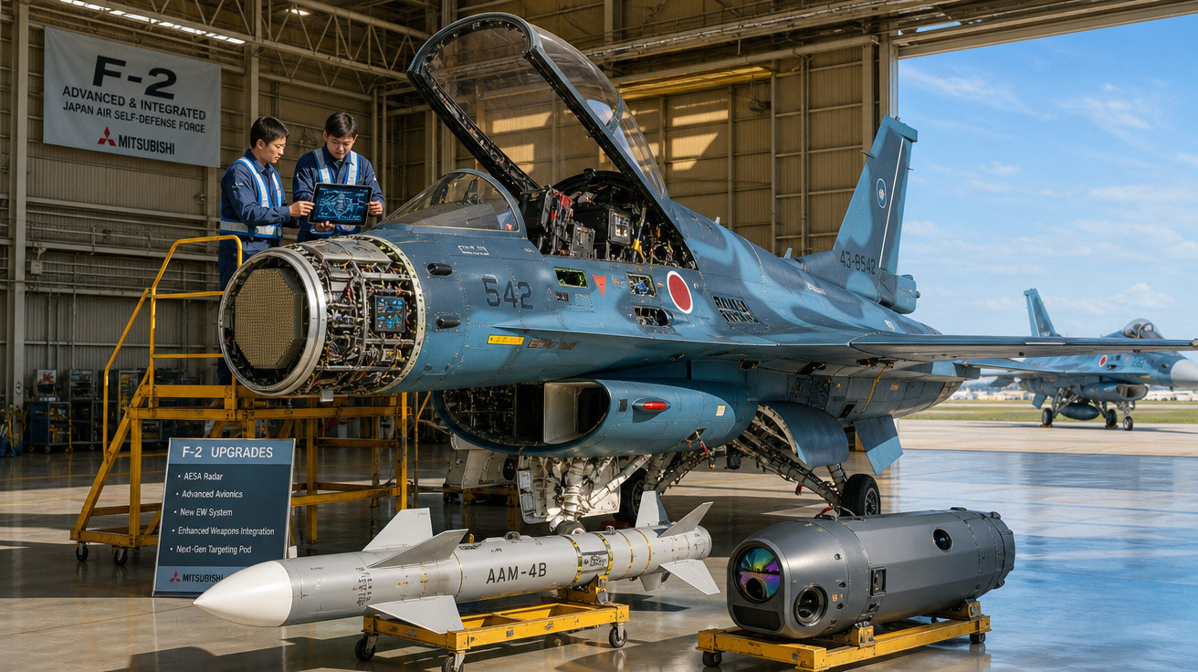 Caça F-2 azul com motor desmontado e dois técnicos a inspecioná-lo numa hangar.