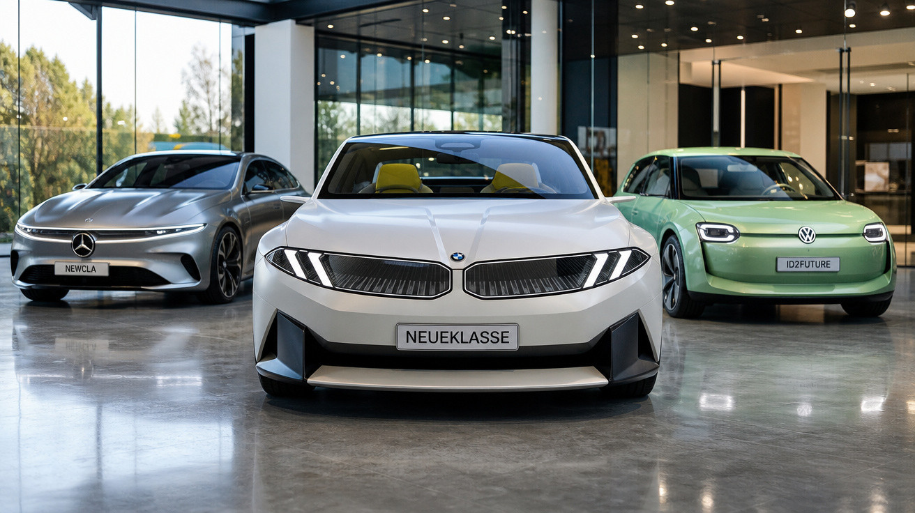 Três carros elétricos modernos em exposição numa sala com paredes de vidro e chão polido.