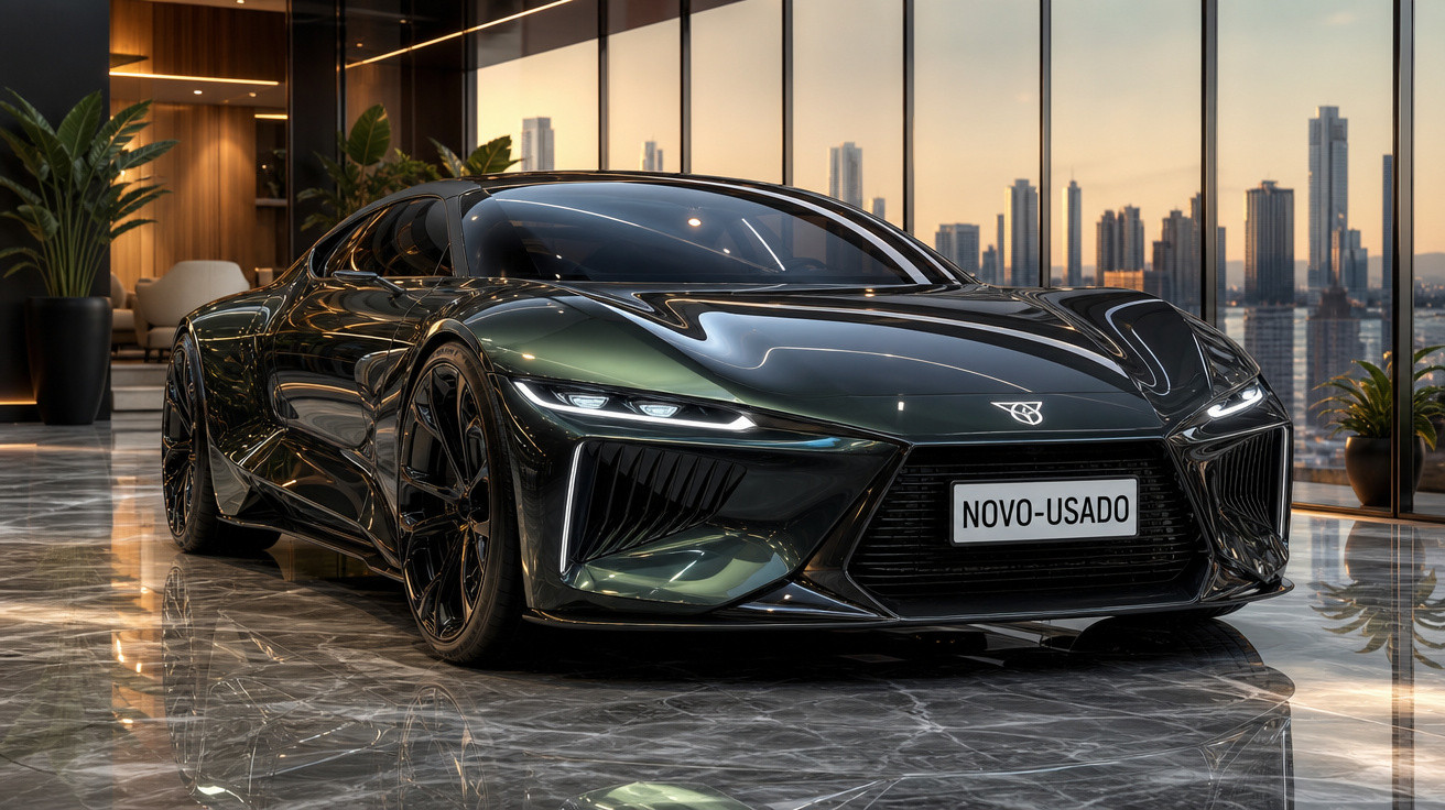 Carro desportivo preto com design futurista estacionado em chão de mármore diante de janelas amplas numa sala moderna.