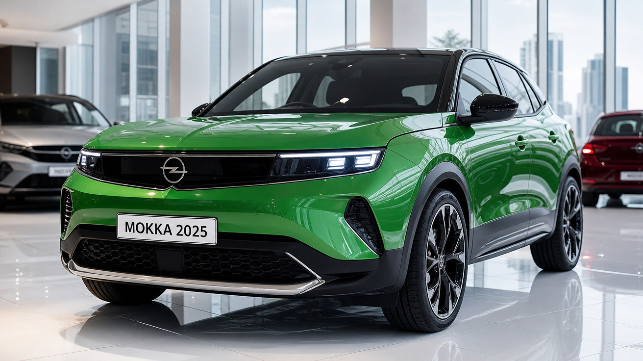 Automóvel Opel Mokka 2025 verde em exposição numa sala iluminada com janelas grandes.