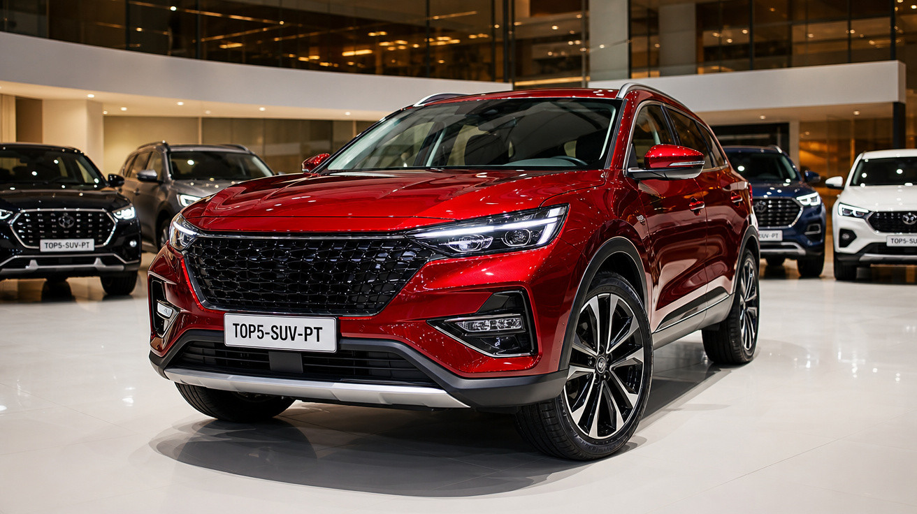 SUV vermelho brilhante destacado num salão automóvel moderno com outros SUVs ao fundo.