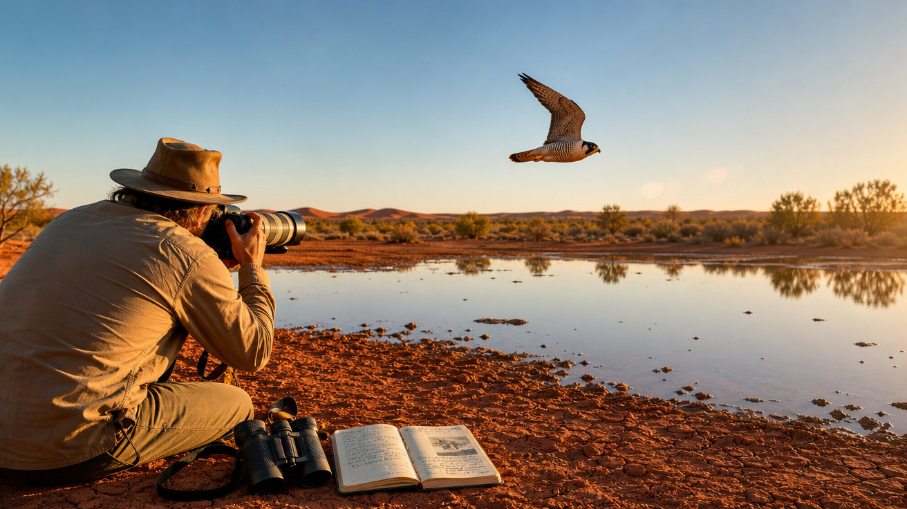 Fotógrafo com chapéu a tirar fotos de falcão em voo sobre lago em paisagem árida ao pôr do sol.