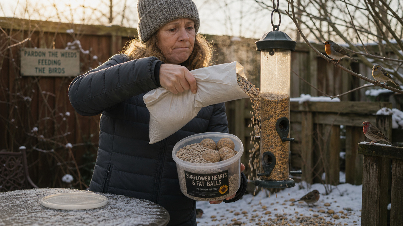 Mulher a alimentar pássaros num alimentador de jardim coberto de neve no inverno.