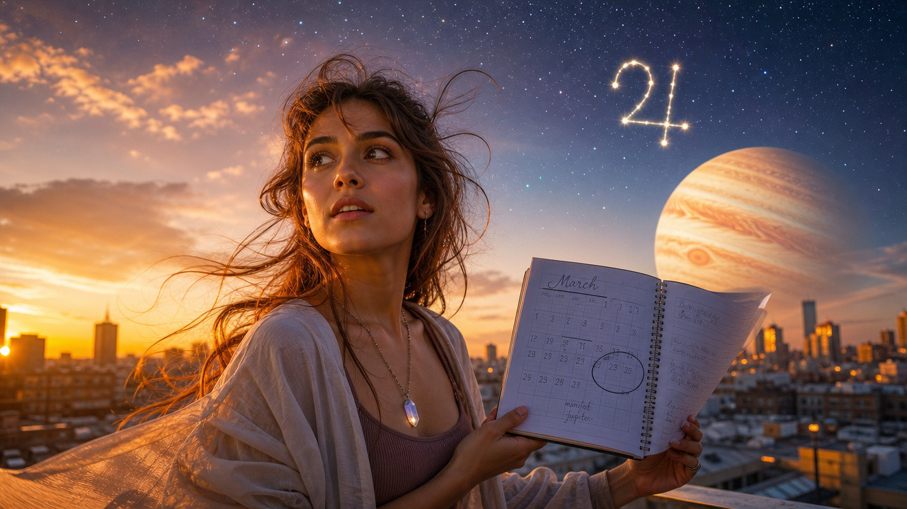 Mulher com colar segurando calendário aberto ao pôr do sol, com planeta gigante e símbolo de Júpiter no céu estrelado.