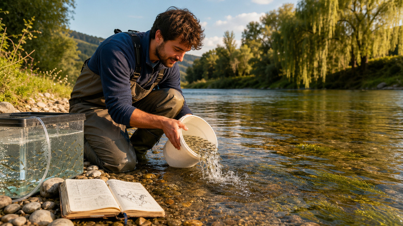 Homem a libertar peixes jovens num rio, com caderno aberto e caixa de peixes nas pedras junto à água.
