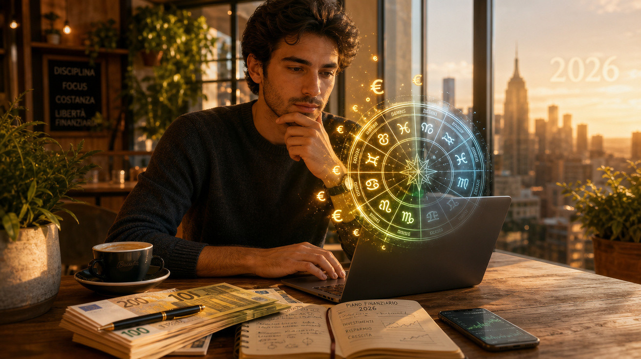 Homem a analisar astrologia financeira no portátil, com notas, dinheiro e a cidade ao pôr-do-sol.