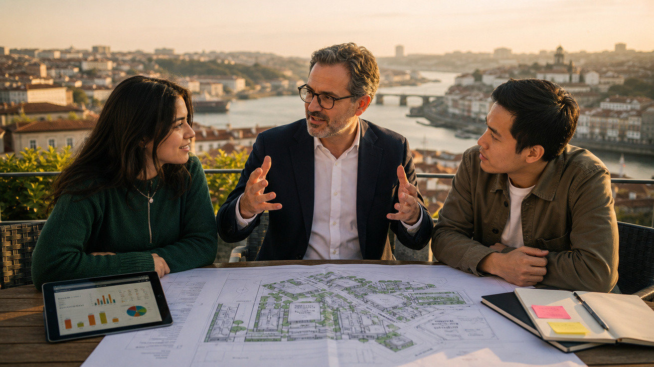 Três pessoas discutem um projeto arquitetónico numa mesa com plantas, com vista para uma cidade ao pôr do sol.
