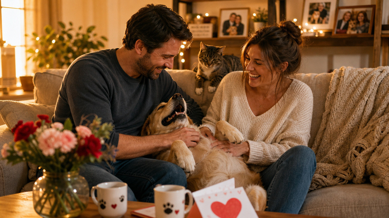 Casal senta-se no sofá a brincar com o cão, com gato ao fundo, ambiente acolhedor e decorado com flores e cartas.
