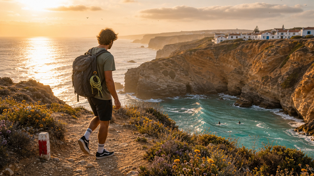 Jovem com mochila numa falésia sobre o mar ao pôr do sol, com surfistas na água e casas ao longe.