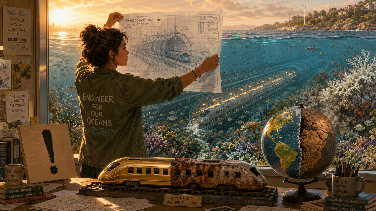 Mulher planeia ligação ferroviária submarina enquanto observa comboio sob o oceano ao pôr do sol.