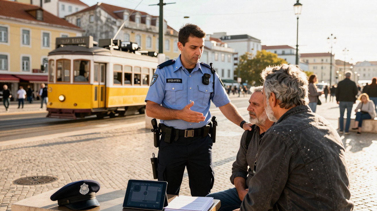 Polícia a conversar com dois homens sentados numa praça com elétrico amarelo ao fundo.