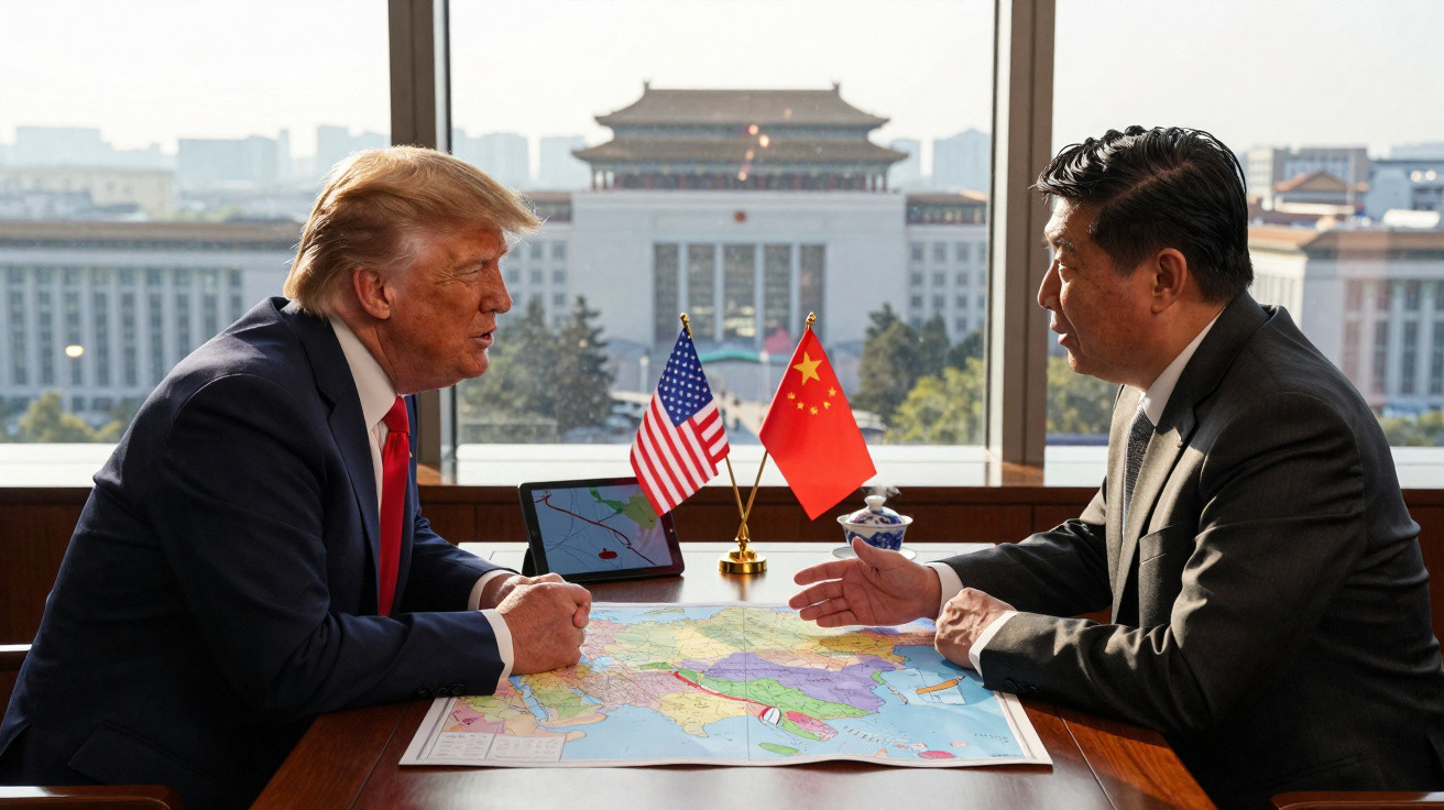 Dois homens em fato a discutir mapas numa mesa, com bandeiras dos EUA e China e vista de edifícios ao fundo.