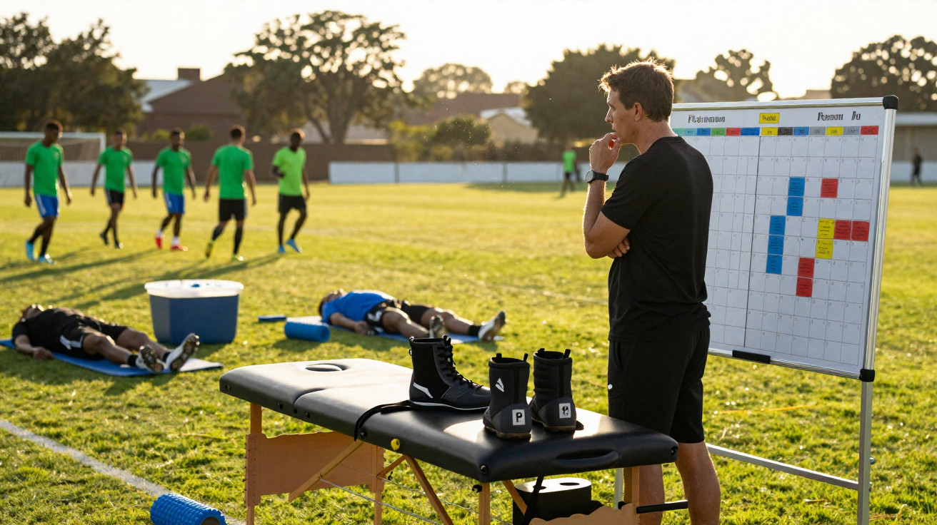 Treinador analisa esquema tático enquanto jogadores descansam e aquecem no campo ao entardecer.