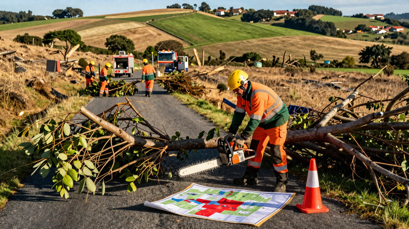 Trabalhadores a limpar estrada rural com troncos e motosserra, vistos campos agrícolas e casas ao fundo.
