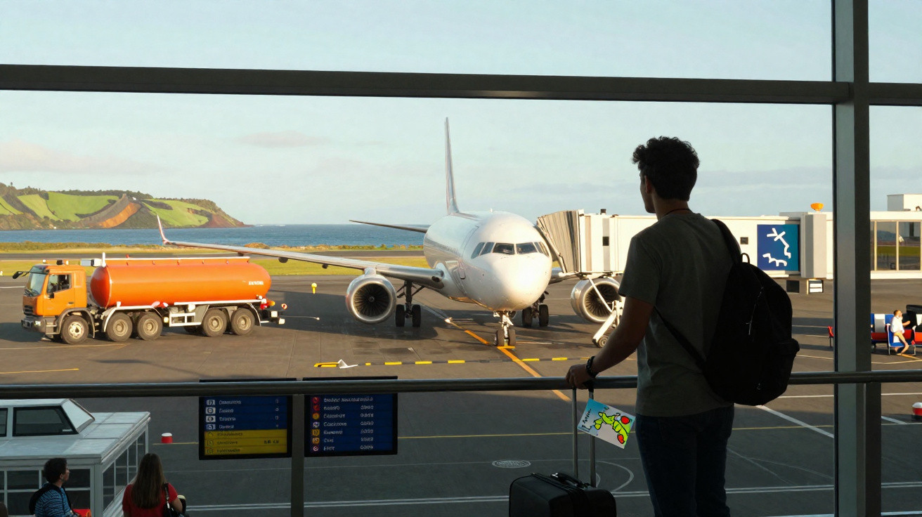 Homem com mochila e mala observa avião parado no portão de embarque de aeroporto ao pôr do sol.