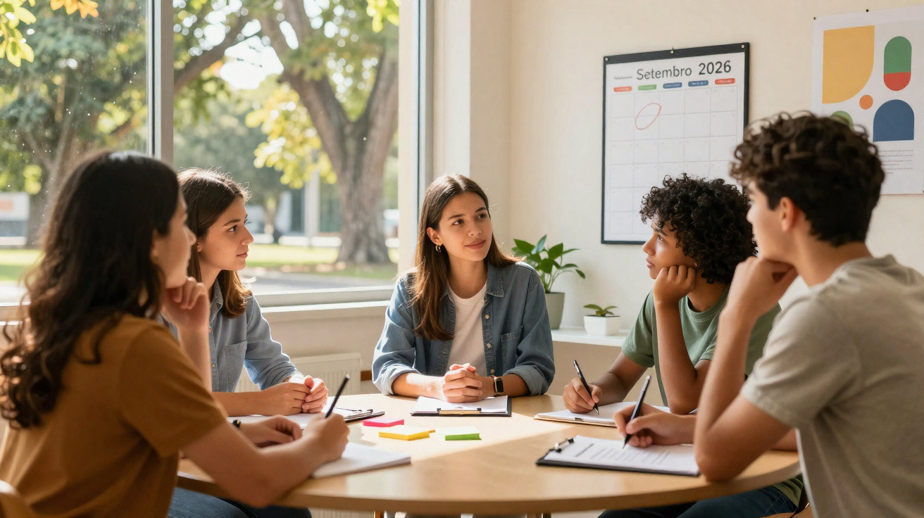 Cinco jovens sentados à mesa discutem e tomam notas numa sala iluminada pela luz natural.