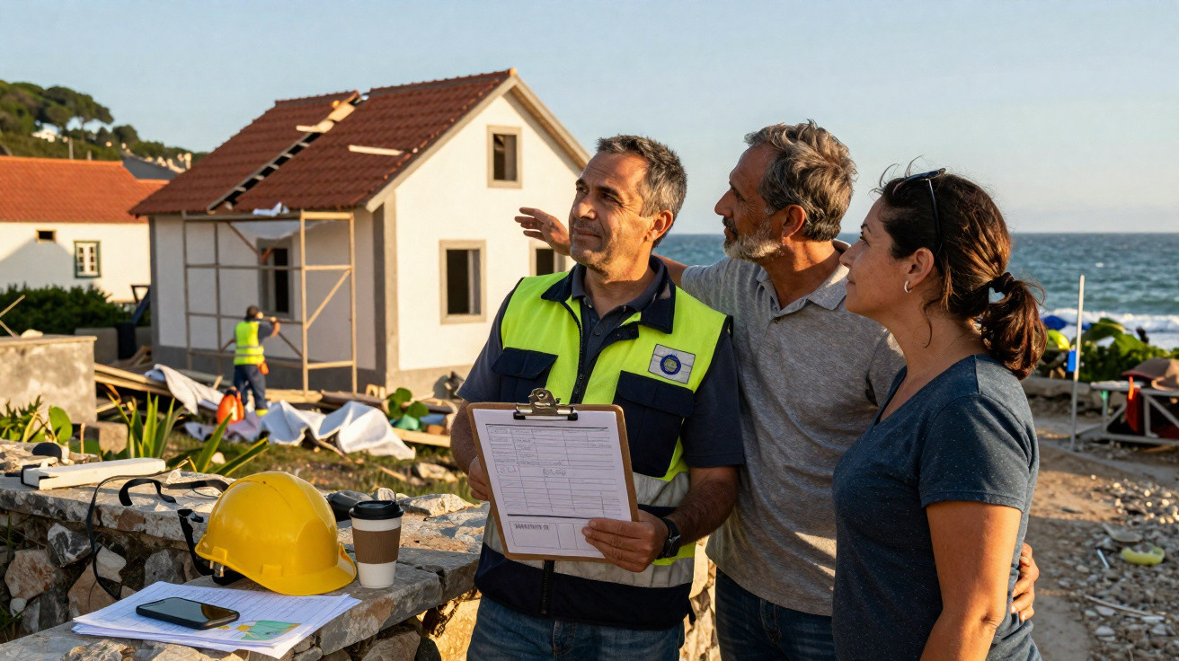 Engenheiro conversa com casal à beira-mar junto a casa em construção ao pôr do sol.