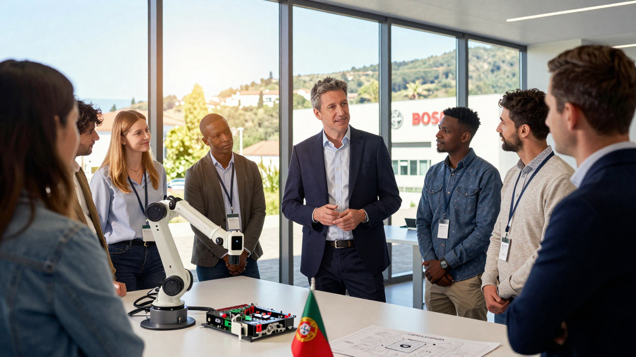 Grupo diversificado de profissionais reunidos em escritório moderno, discutindo projeto com robótica e bandeira de Portugal n
