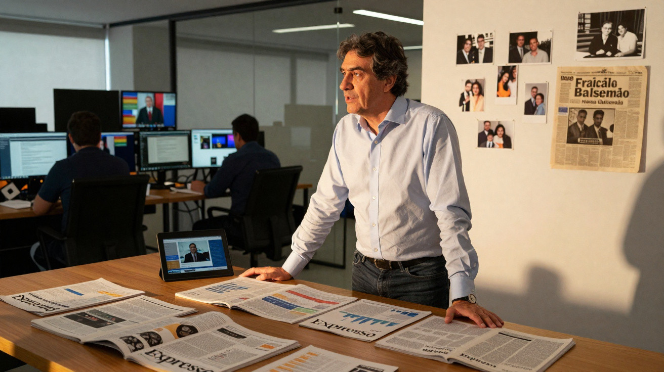 Homem de camisa azul claro em escritório com jornais na mesa e pessoas a trabalhar em computadores ao fundo.