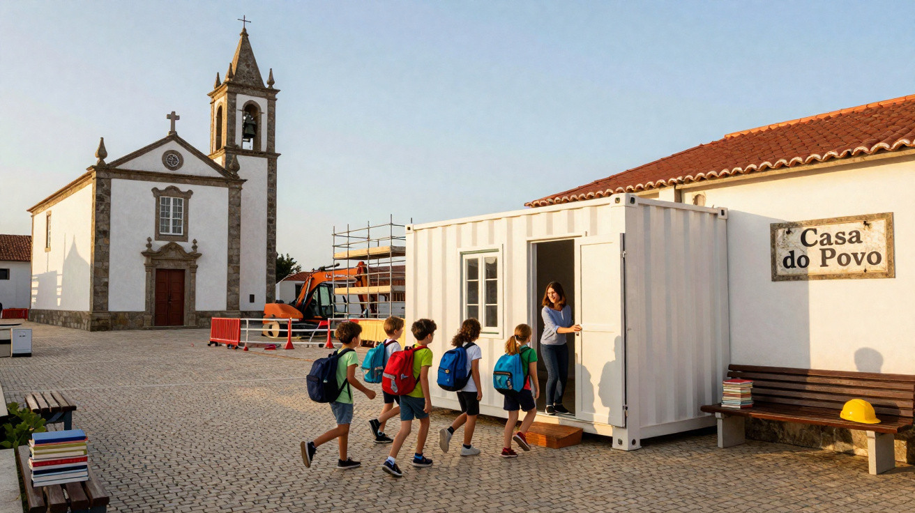 Crianças com mochilas entram em contentor adaptado junto a igreja histórica e casa do povo numa praça.