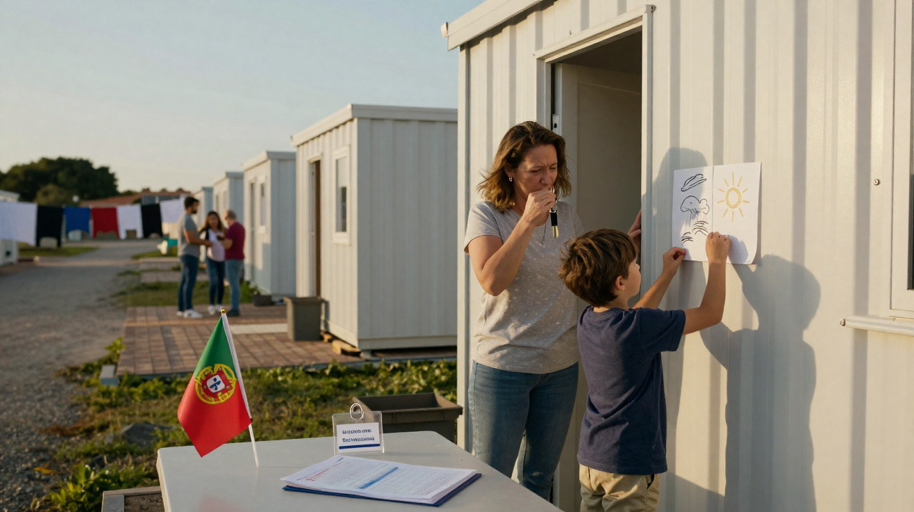 Criança a jogar à apanhada às cegas com mulher junto a contentores residenciais brancos num acampamento.