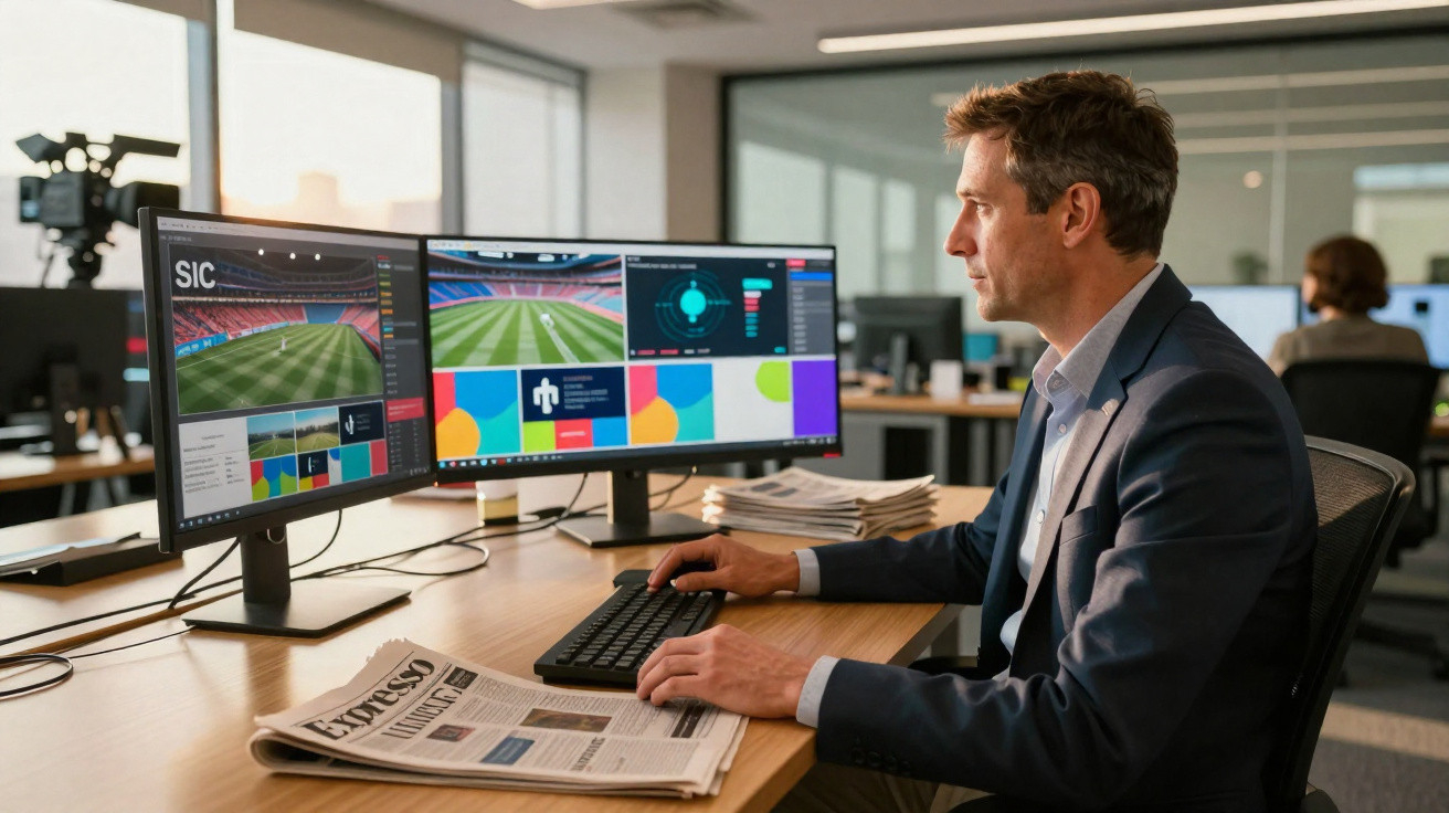 Homem de terno a trabalhar em computador com dois ecrãs que mostram imagens de um estádio de futebol.