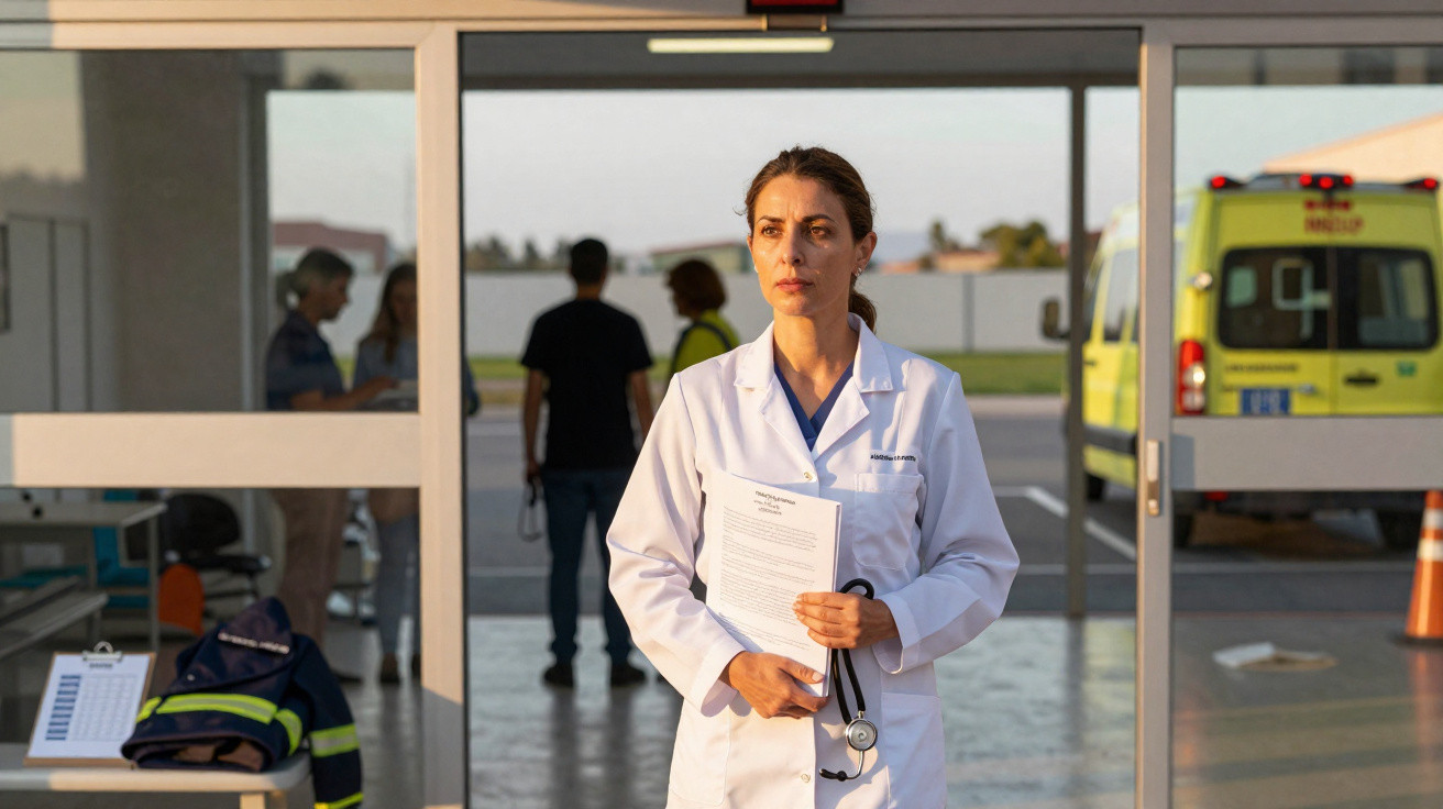 Mulher médica de bata branca segura documentos com expressão séria em entrada de hospital ao pôr do sol.