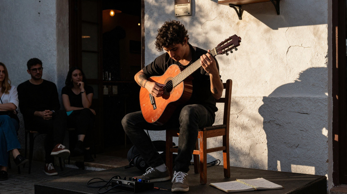 Homem sentado num palco a tocar guitarra acústica, com público a assistir atento em ambiente exterior.