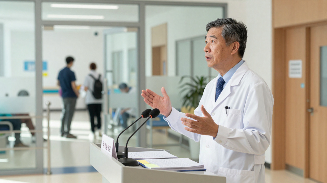 Médico numa conferência de imprensa num hospital, falando junto a um microfone.