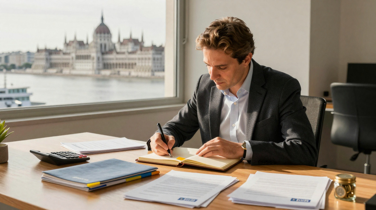 Homem de fato a escrever num caderno num escritório com vista para o edifício do parlamento junto a um rio.