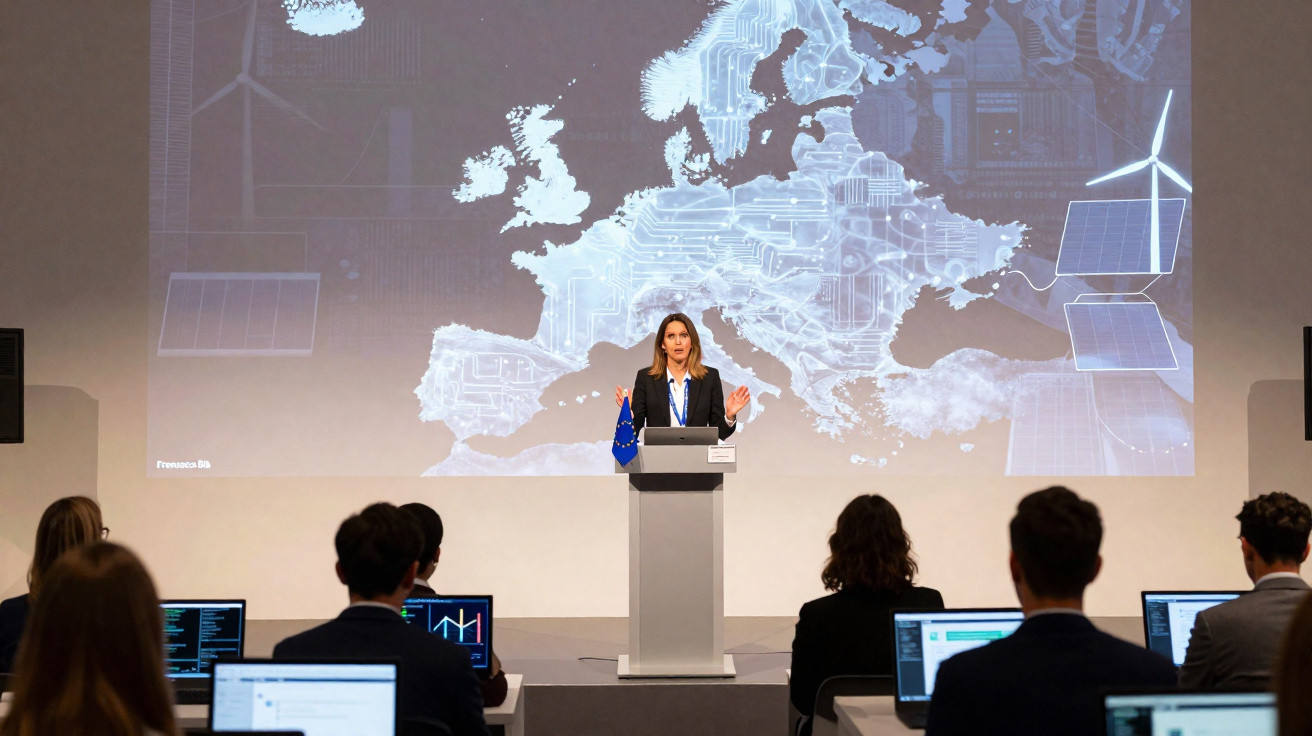 Mulher a dar apresentação sobre energia e tecnologia na Europa, com mapa digital e público usando computadores.