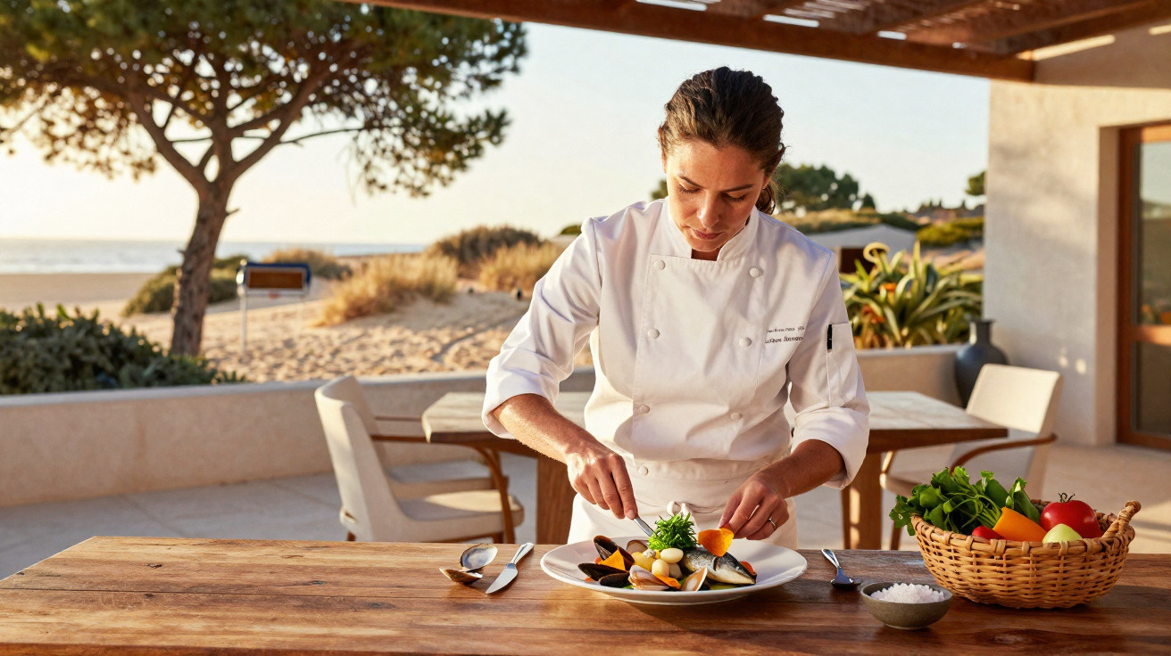 Chef feminina arruma prato de marisco num restaurante com vista para a praia ao pôr do sol.