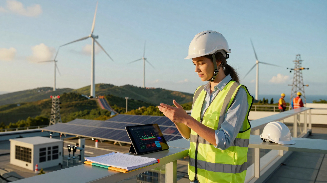 Engenheira a analisar dados em tablet num telhado com painéis solares e turbinas eólicas ao fundo.