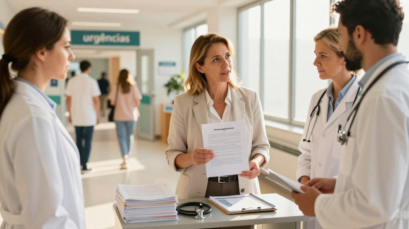 Médicos e mulher de negócios discutem documentos numa zona hospitalar próxima das urgências.