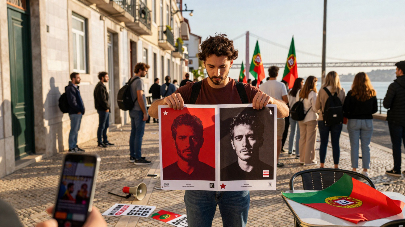 Homem segura cartaz com rostos em protesto, pessoas e bandeiras de Portugal ao fundo num passeio ribeirinho.