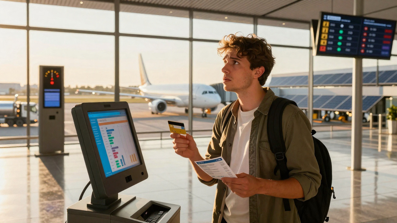 Jovem com mochila usa quiosque digital no aeroporto, segurando cartão de crédito e bilhete de viagem.