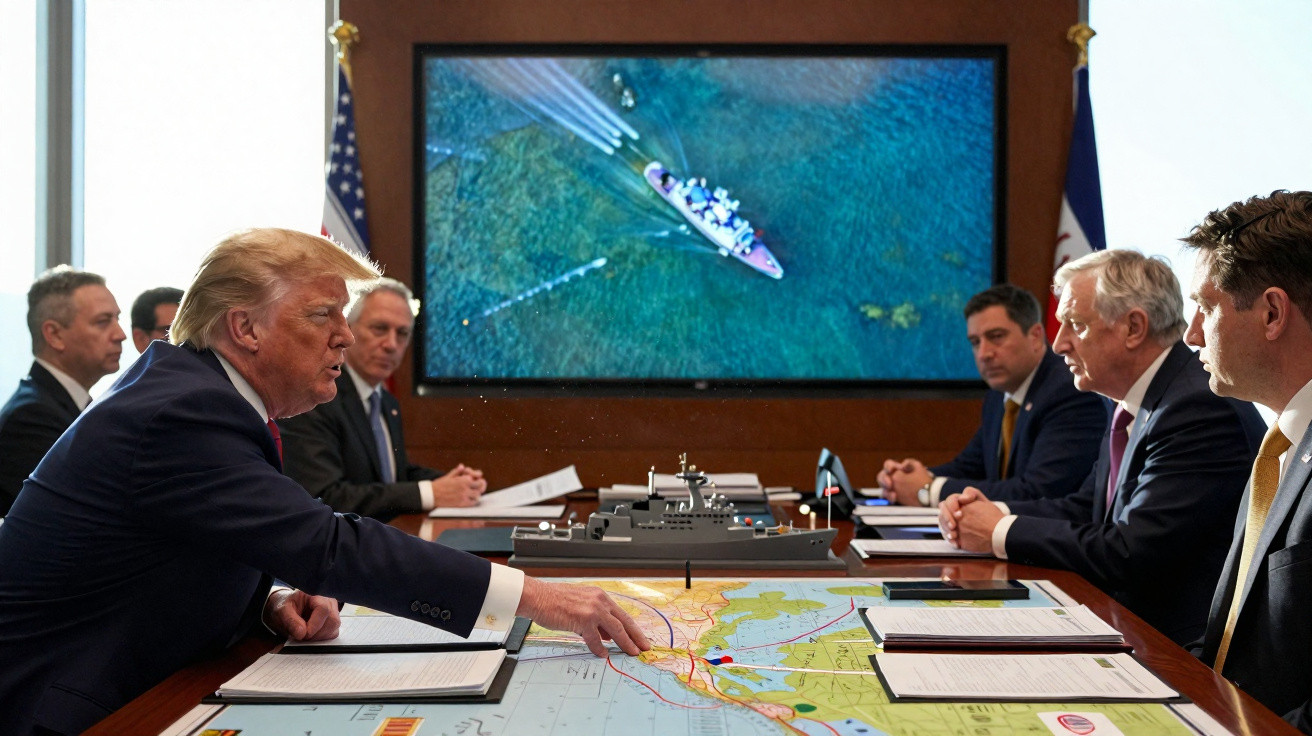 Donald Trump e cinco homens em reunião à volta de uma mesa com mapa e modelo de navio, ecrã com imagem aérea de barco.