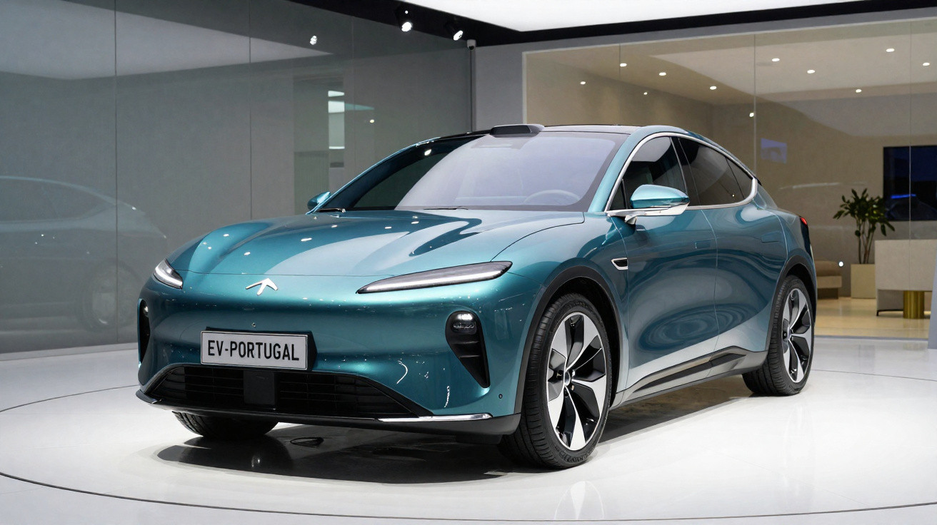 Carro eléctrico moderno azul metálico exibido numa sala de exposição com placa EV-PORTUGAL.