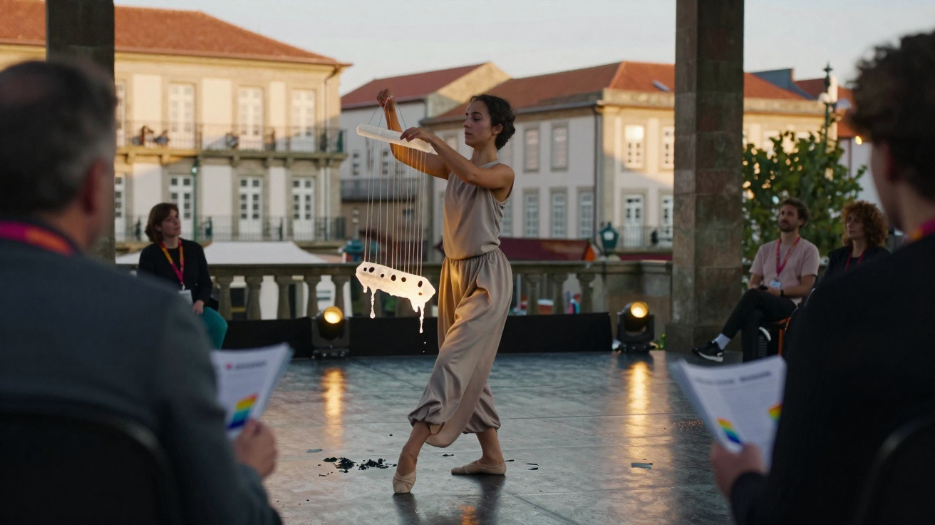 Mulher dança com uma marioneta de vaca durante apresentação ao ar livre, com público a assistir sentados.