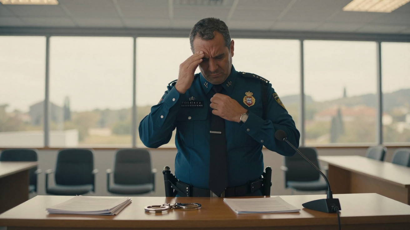 Polícia em uniforme sentado numa sala de audiência, com mãos algemas e papéis sobre a secretária.