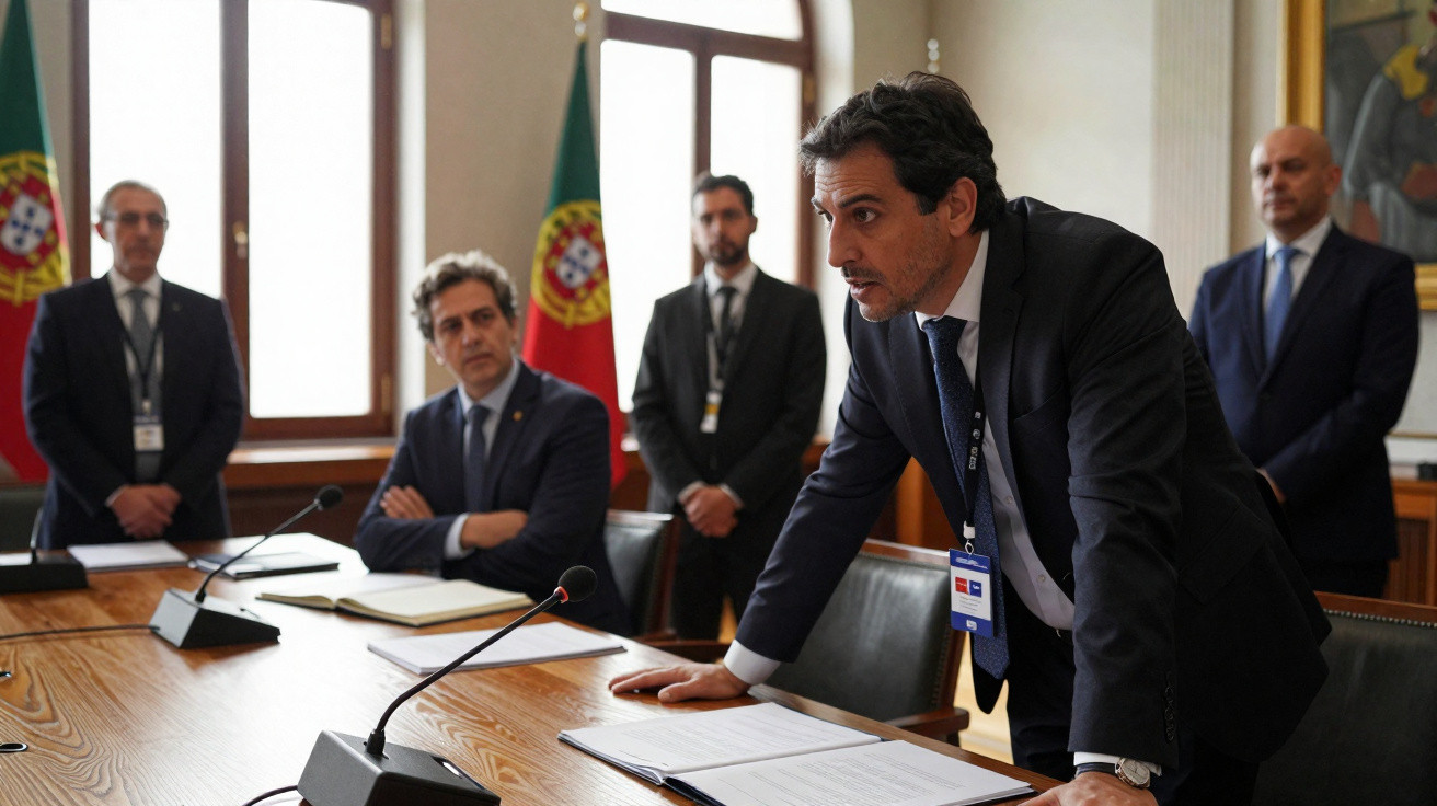Homem de fato falando numa reunião com quatro homens ao fundo e bandeiras de Portugal na janela.